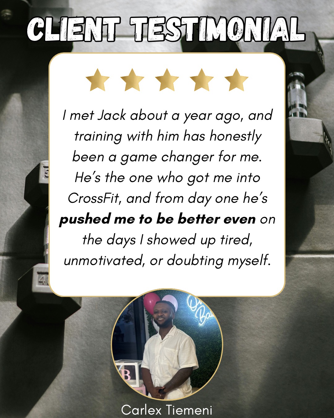 Client testimonial from Carlex Tiemeni